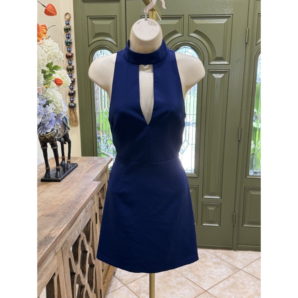 Express Navy Blue Lace-Trim Halter Dress with Cutout Neckline – Size 6